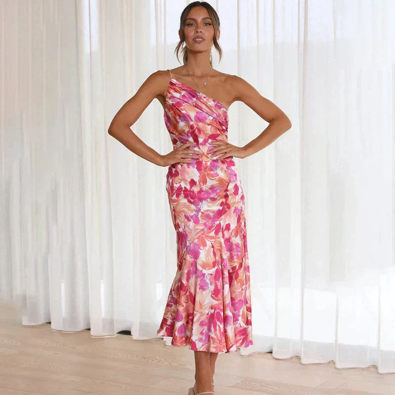 Elegant Women's Satin One Shoulder Floral Dress