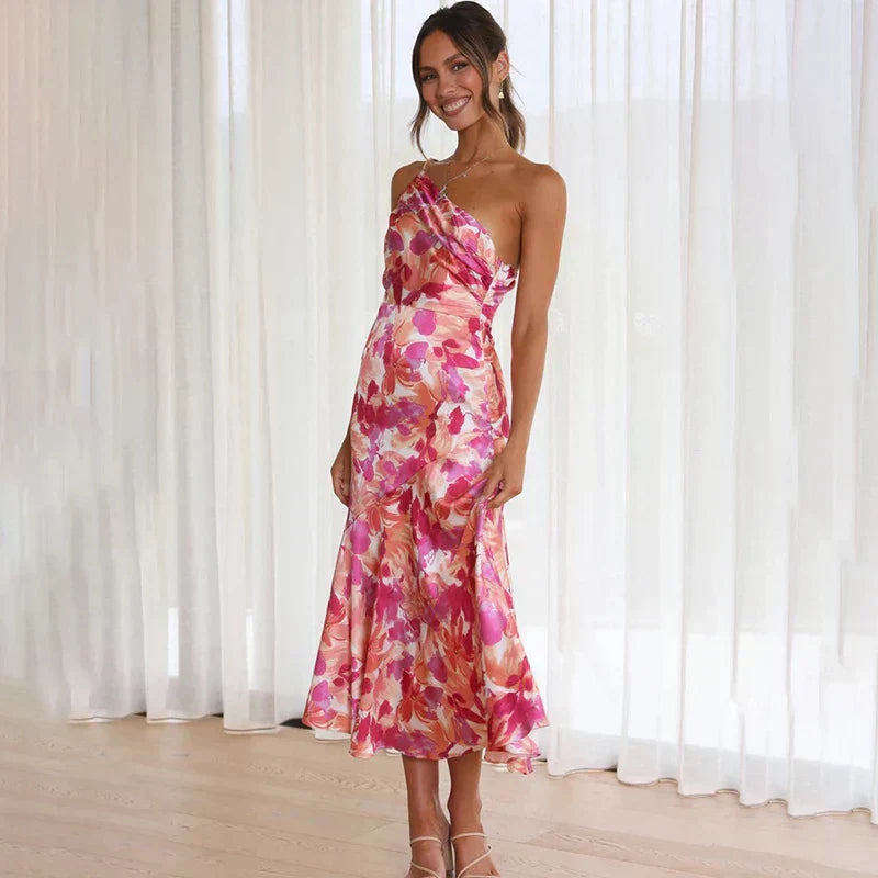 Elegant Women's Midi Dress with Asymmetric Neckline - Nocini