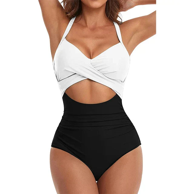 Women's Slim Fit Cross Front Swimsuit with Cut Out Waist