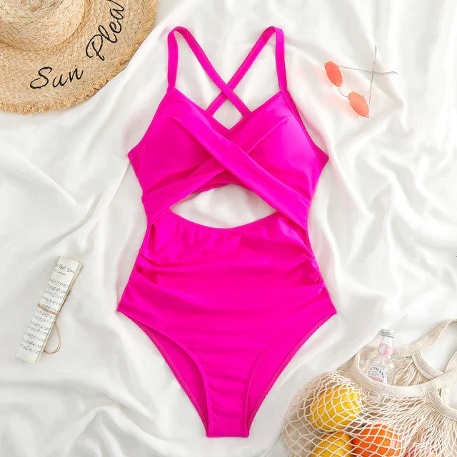 Women's Slim Fit Cross Front Swimsuit with Cut Out Waist