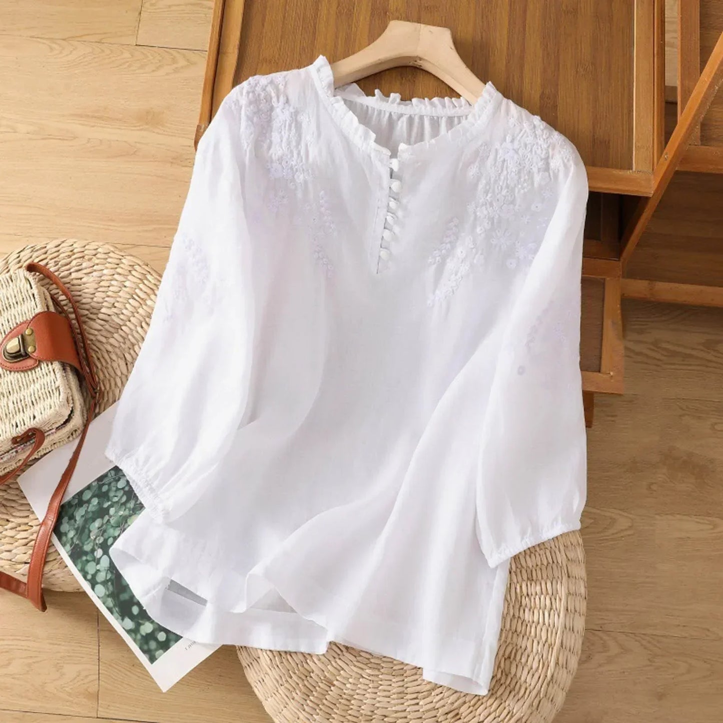 Ladies' Floral Ruffle Front Shirt with Embroidery Detail