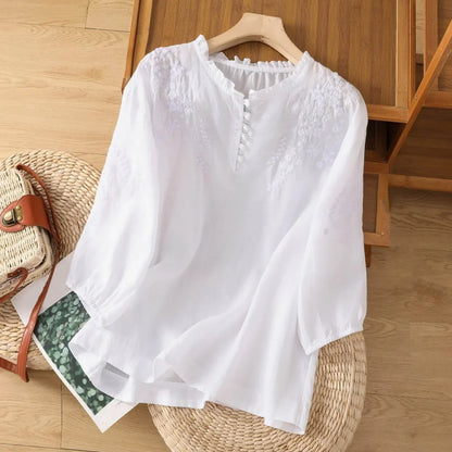 Ladies' Floral Ruffle Front Shirt with Embroidery Detail