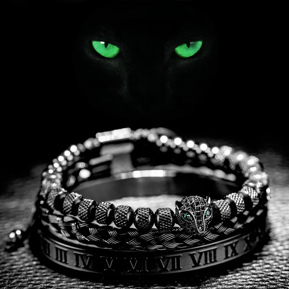 Glittering Panther Charm Beaded Cuff Bracelet Set