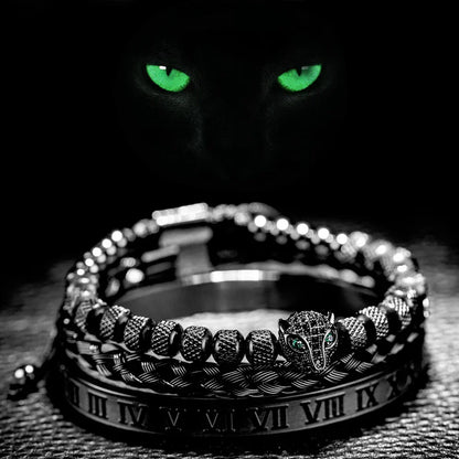 Glittering Panther Charm Beaded Cuff Bracelet Set