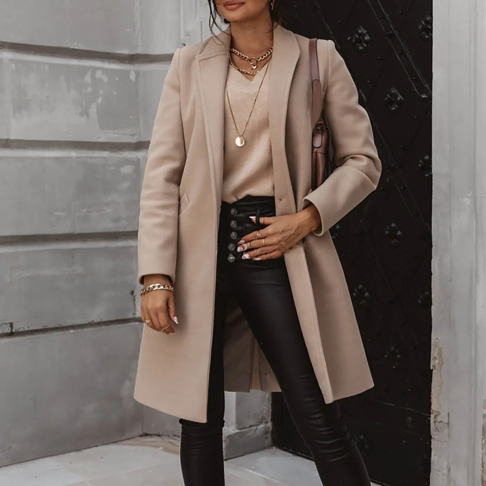Women's Classic Wool Coat Tailored Fit Button Front - Nocini