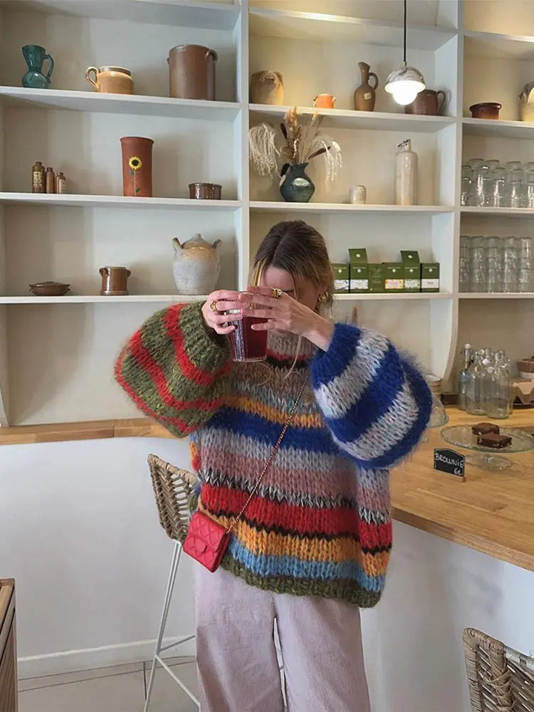 Colorful Striped Crew Neck Knit Women's Sweater - Nocini
