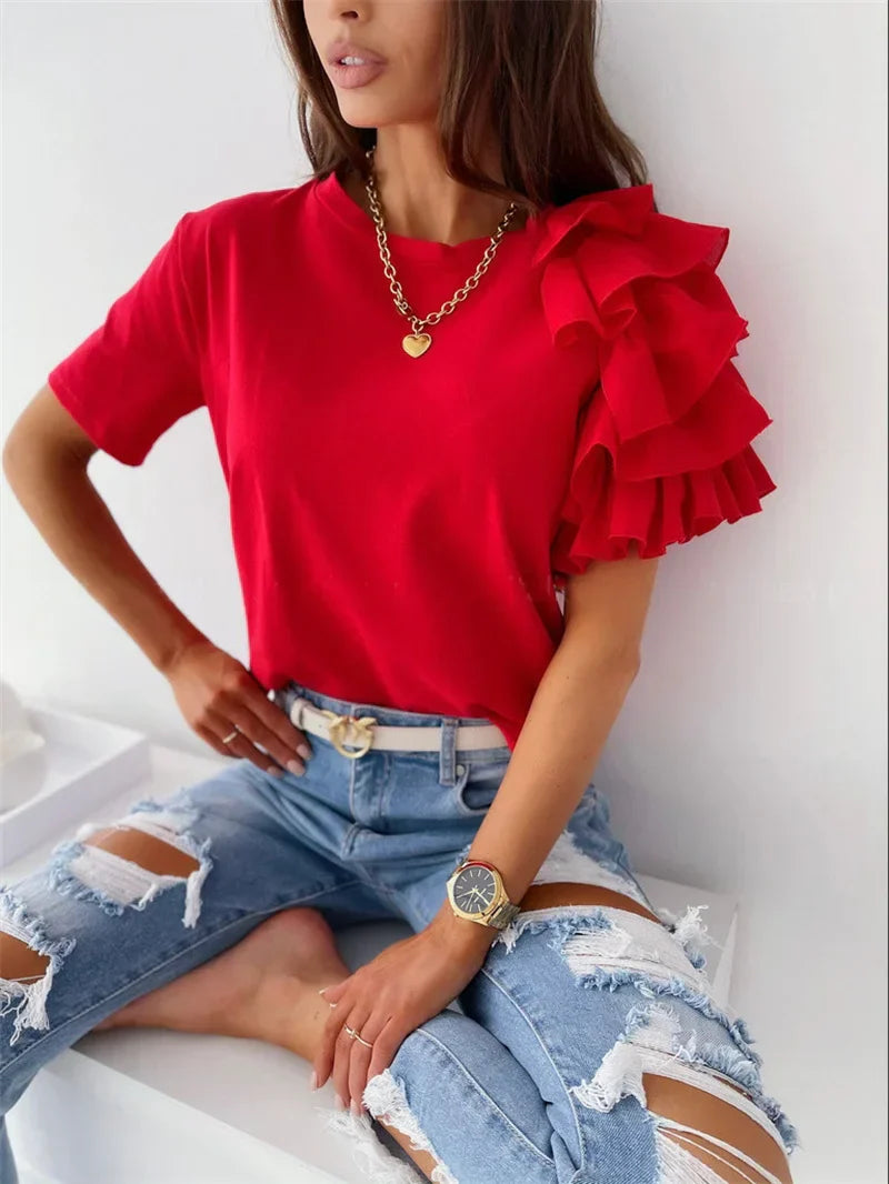 Fashionable Blouse with Flirty Ruffled Sleeves - Olytrend
