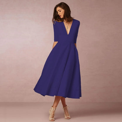 Women's Classic V Neck Midi Dress with Flare Skirt