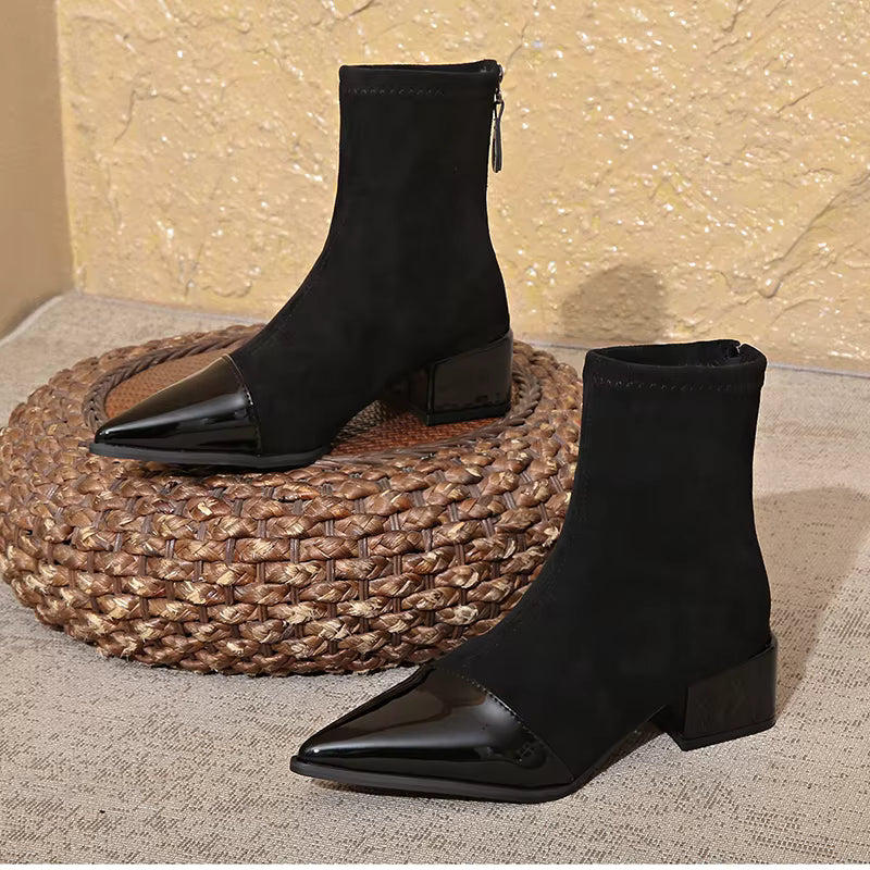 Ladies High Heel Ankle Boots with Block Heel and Zip Back