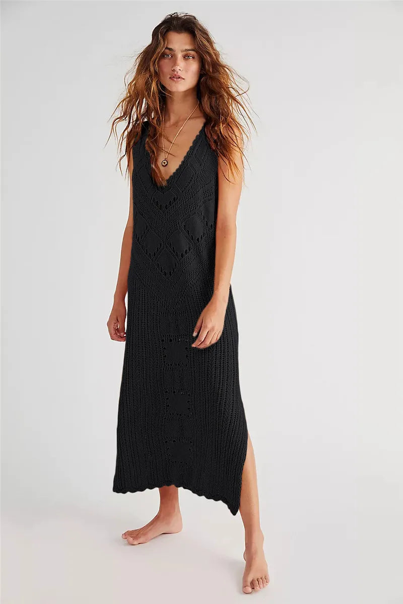 Casual Loose Fit Mesh V Neck Dress for Women