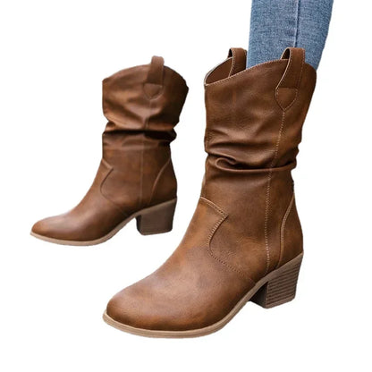 Rugged Cowboy Mid-Calf Leather Boots