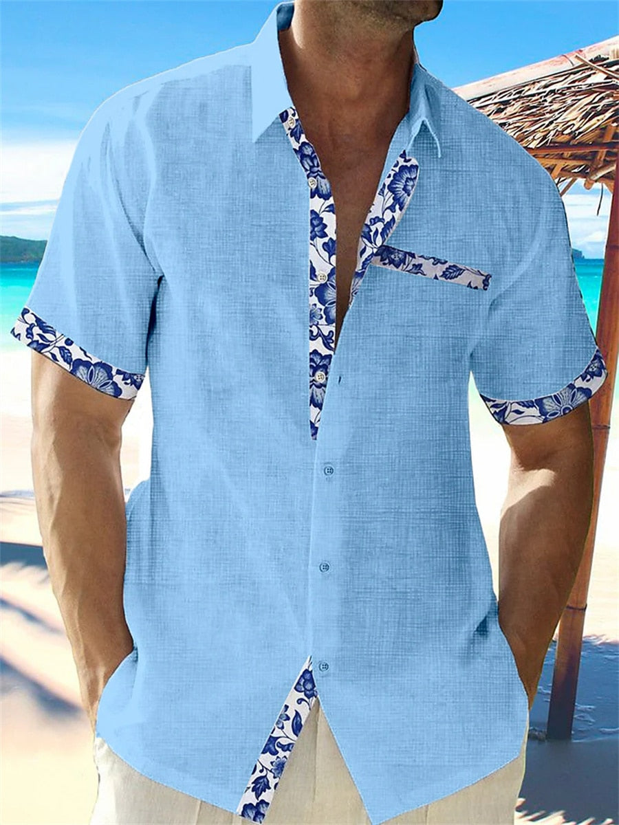 Casual Short Sleeve Mens Shirt with Floral Trim
