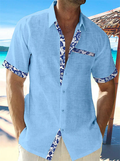 Casual Short Sleeve Mens Shirt with Floral Trim