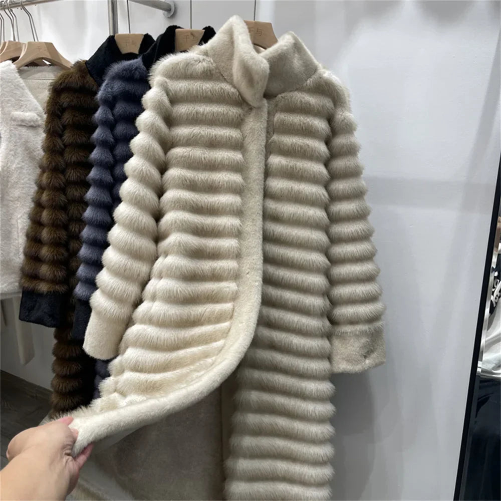Casual Fit Coat with Faux Fur Trim and Stand Collar
