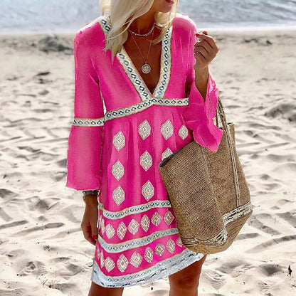 Relaxed Fit V Neck Summer Dress with Ruffles