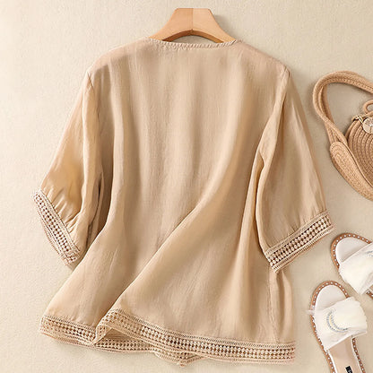 Casual Lace Trim Button Down Women's Blouse