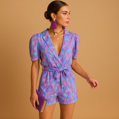 Short summer jumpsuit for women with built-in belt and vibrant print, perfect for warm days, casual outings, and evening events.