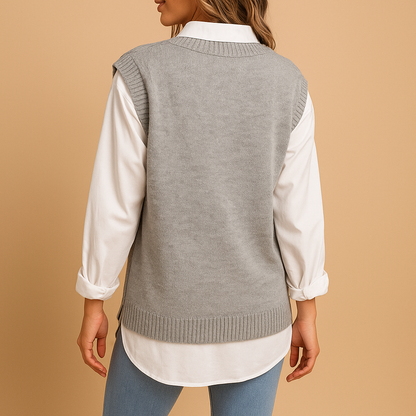 Women's sleeveless cable knit vest with deep V-neck, slim fit, and breathable design, perfect for layering in spring and autumn outfits.