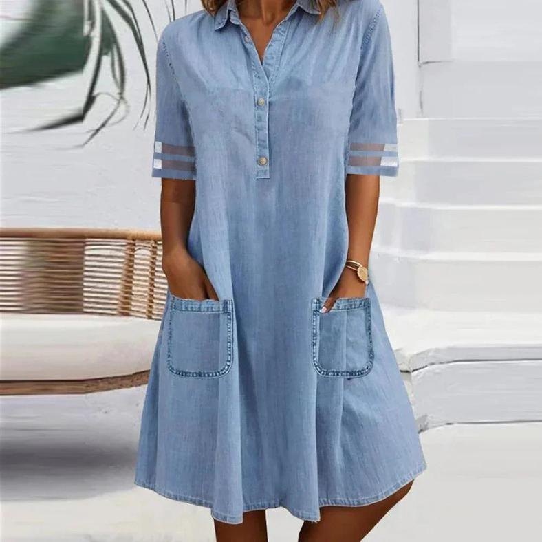 Casual Blue Mini Dress with Pockets - Olytrend