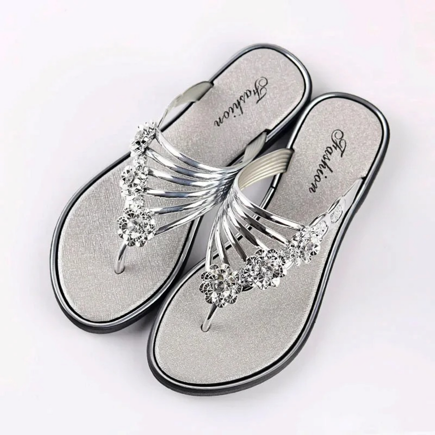 Women's Strappy Sandals - Chic Floral Gems & Comfortable Fit