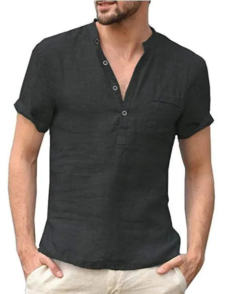 Relaxed Fit Men's Short Sleeve Linen Henley Shirt