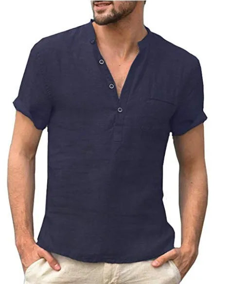 Relaxed Fit Men's Short Sleeve Linen Henley Shirt