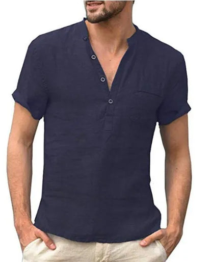 Relaxed Fit Men's Short Sleeve Linen Henley Shirt