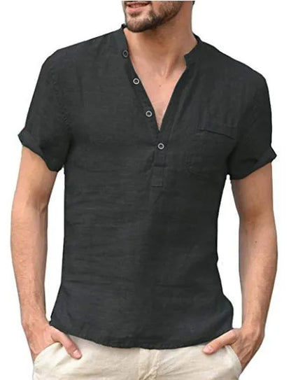 Relaxed Fit Men's Short Sleeve Linen Henley Shirt