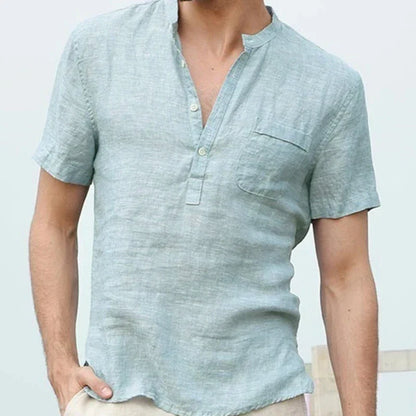 Relaxed Fit Men's Short Sleeve Linen Henley Shirt