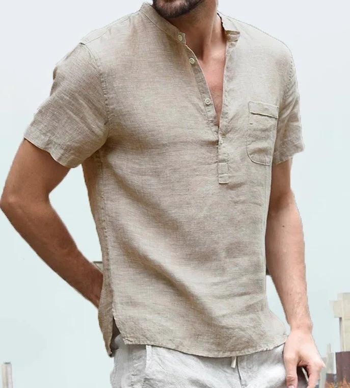 Relaxed Fit Men's Short Sleeve Linen Henley Shirt