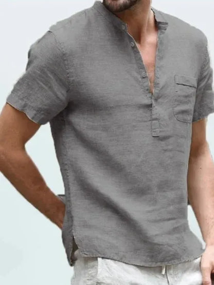 Relaxed Fit Men's Short Sleeve Linen Henley Shirt
