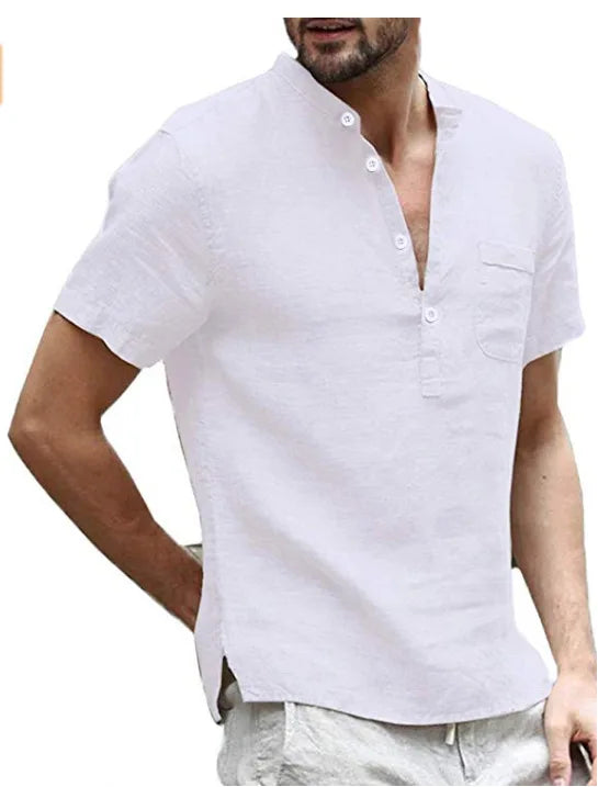 Relaxed Fit Men's Short Sleeve Linen Henley Shirt