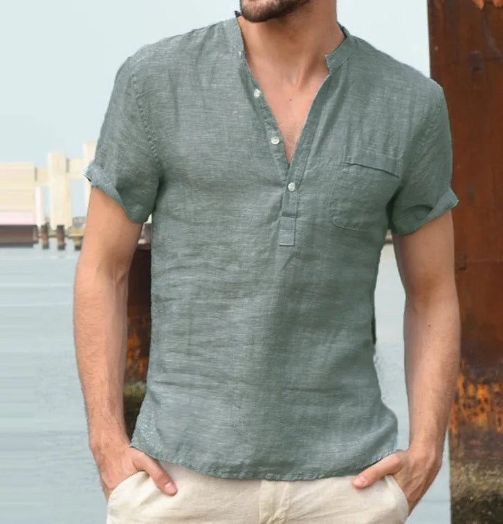 Relaxed Fit Men's Short Sleeve Linen Henley Shirt