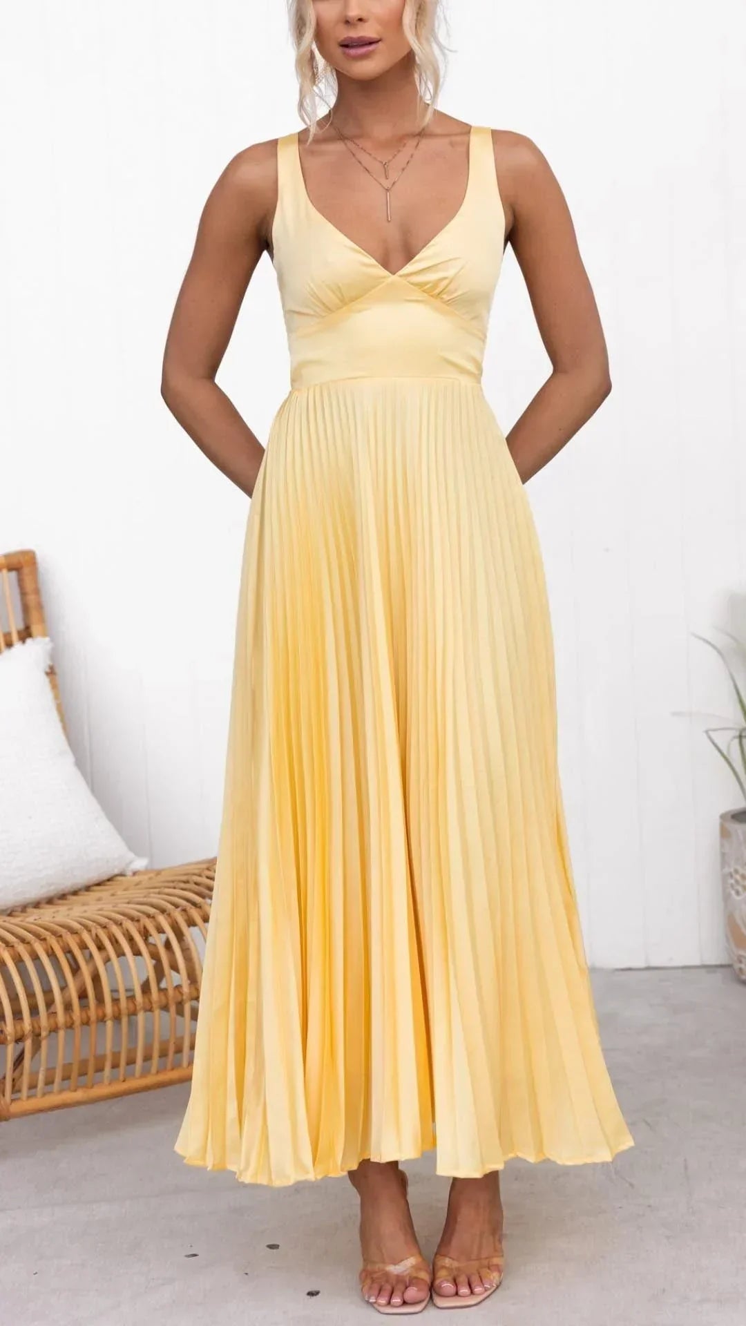 Ladies Flowy V Neck Yellow Sundress