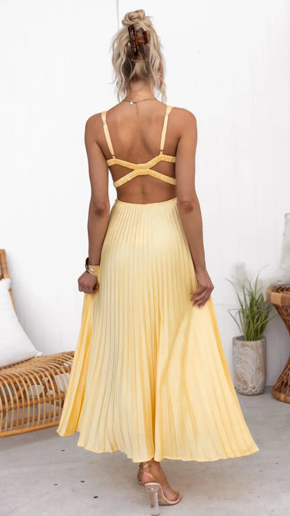 Ladies Flowy V Neck Yellow Sundress
