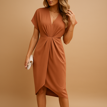 Timeless midi wrap dress for women with flattering fit and elegant design, ideal for casual and formal occasions in spring, summer, or fall.