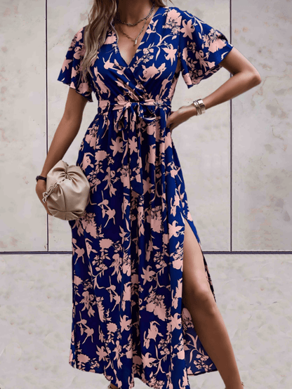 Flattering V-Neck Short Sleeve A-Line Dress - Nocini