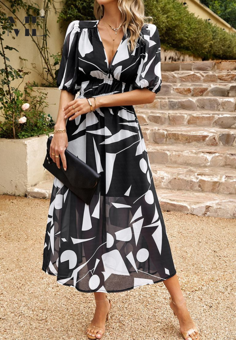 Ladies Floral V Neck Midi Dress with Puffy Sleeves