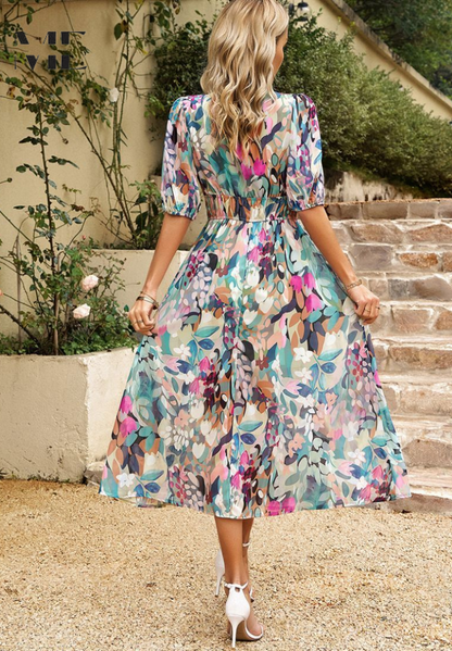Ladies' Pretty Garden Midi Dress with Ruffled Sleeves