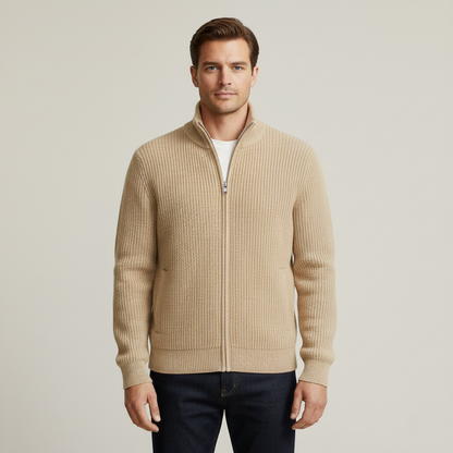 Warm Beige Mens Merino Wool Zip Cardigan