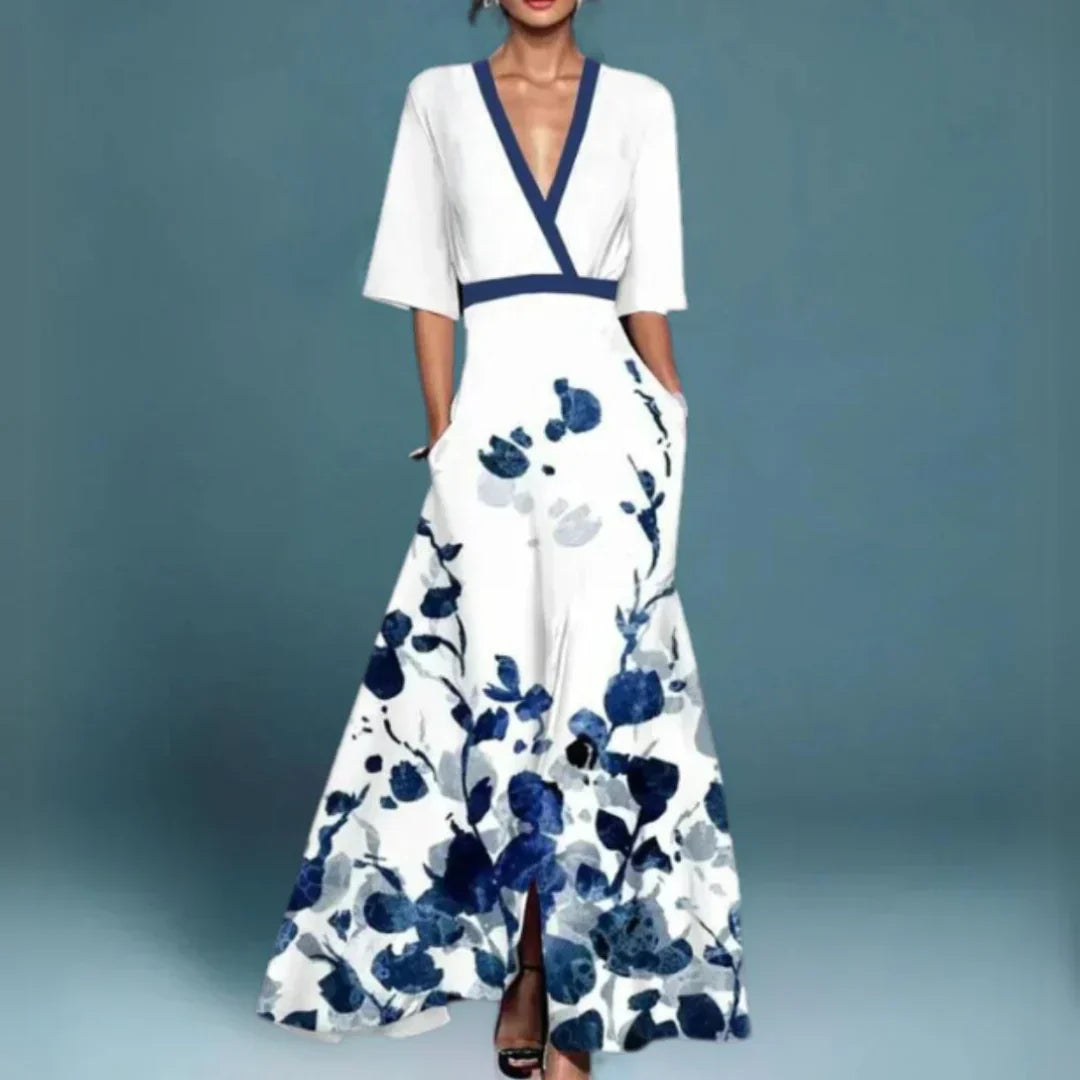Elegant Floral Long Sleeve Maxi Dress with Pockets