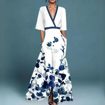 Elegant Floral Long Sleeve Maxi Dress with Pockets