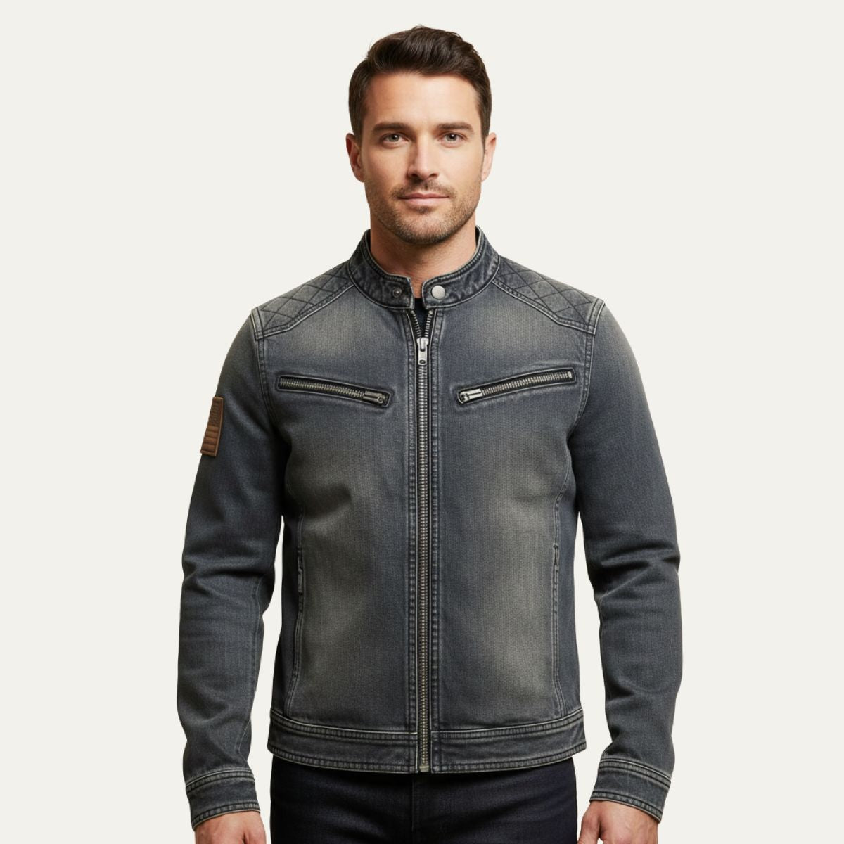Classic Fit Mens Denim Jacket Zip Up Collar