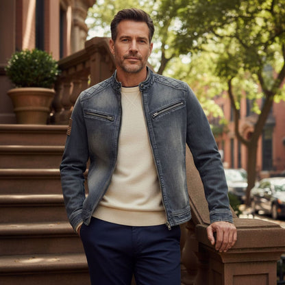 Classic Fit Mens Denim Jacket Zip Up Collar
