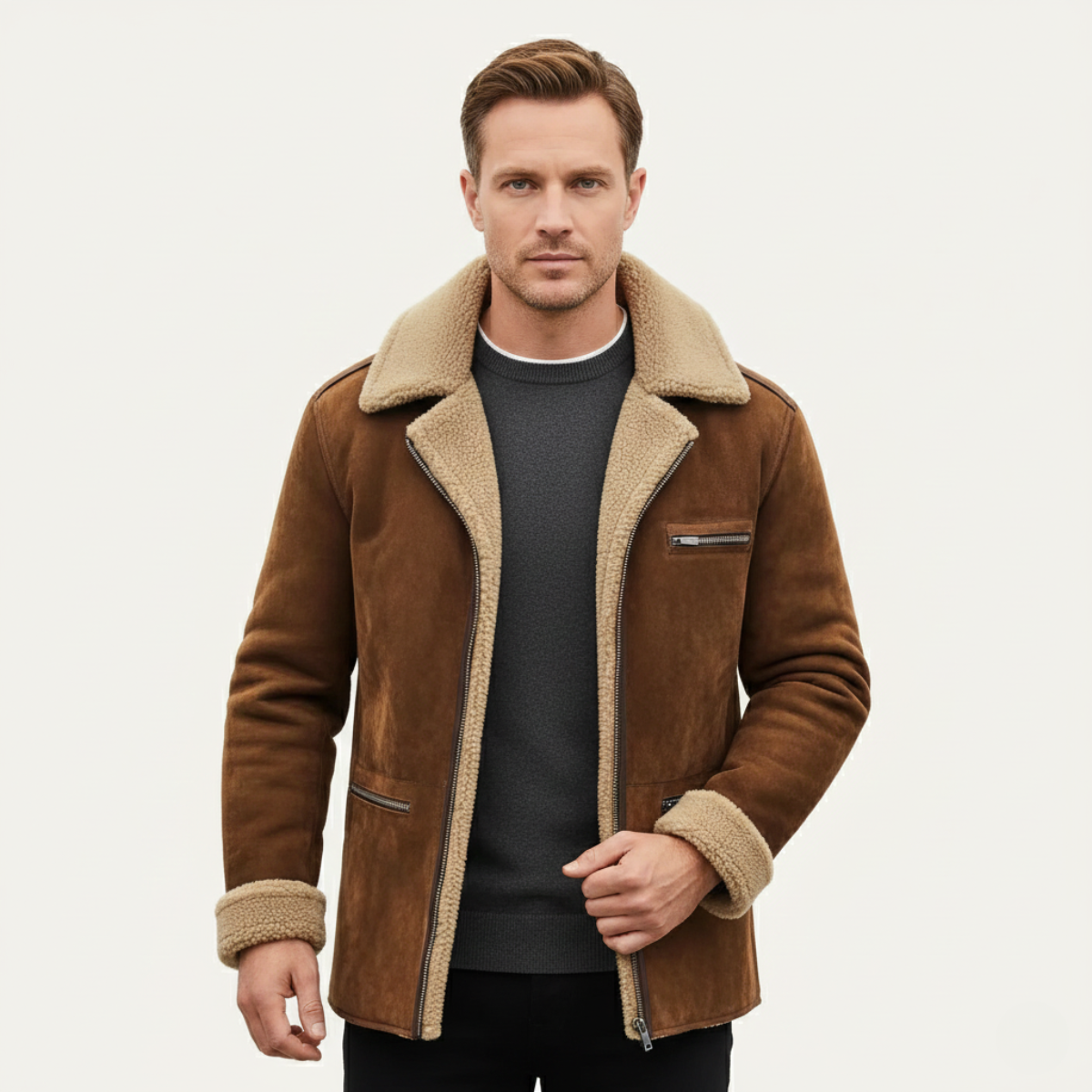 Classic Mens Faux Leather Shearling Coat