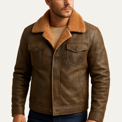 Warm Men's Sheepskin Leather Biker Jacket