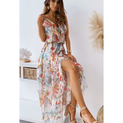Flowy Summer Dress with Thin Straps and Ruffles - Nocini