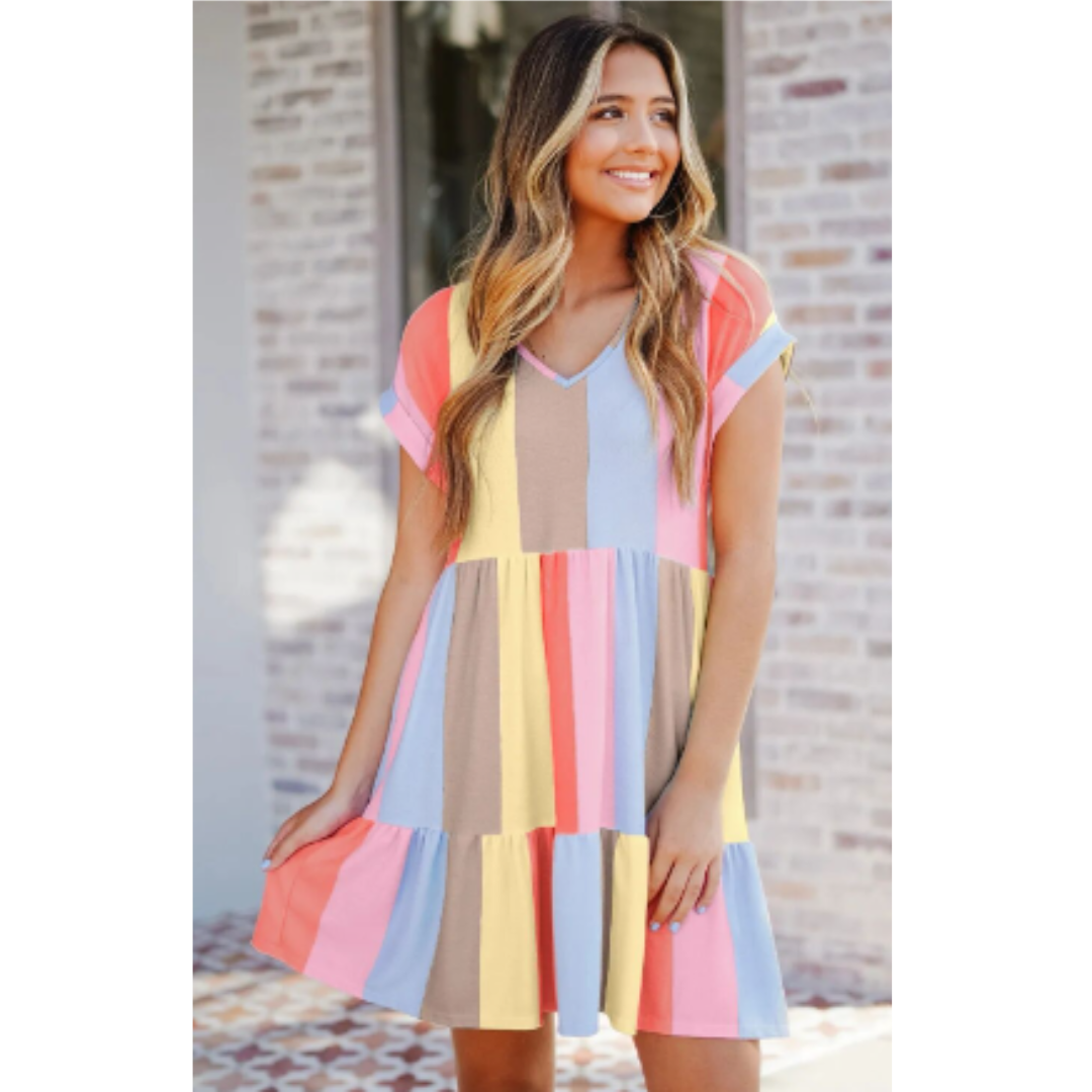 Short Sleeve V-Neck A-Line Casual Dress - Nocini