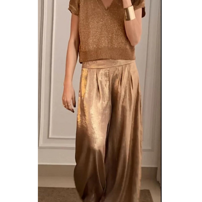 Soft V-Neck Sweater and Wide Leg Pants Set for Women - Nocini