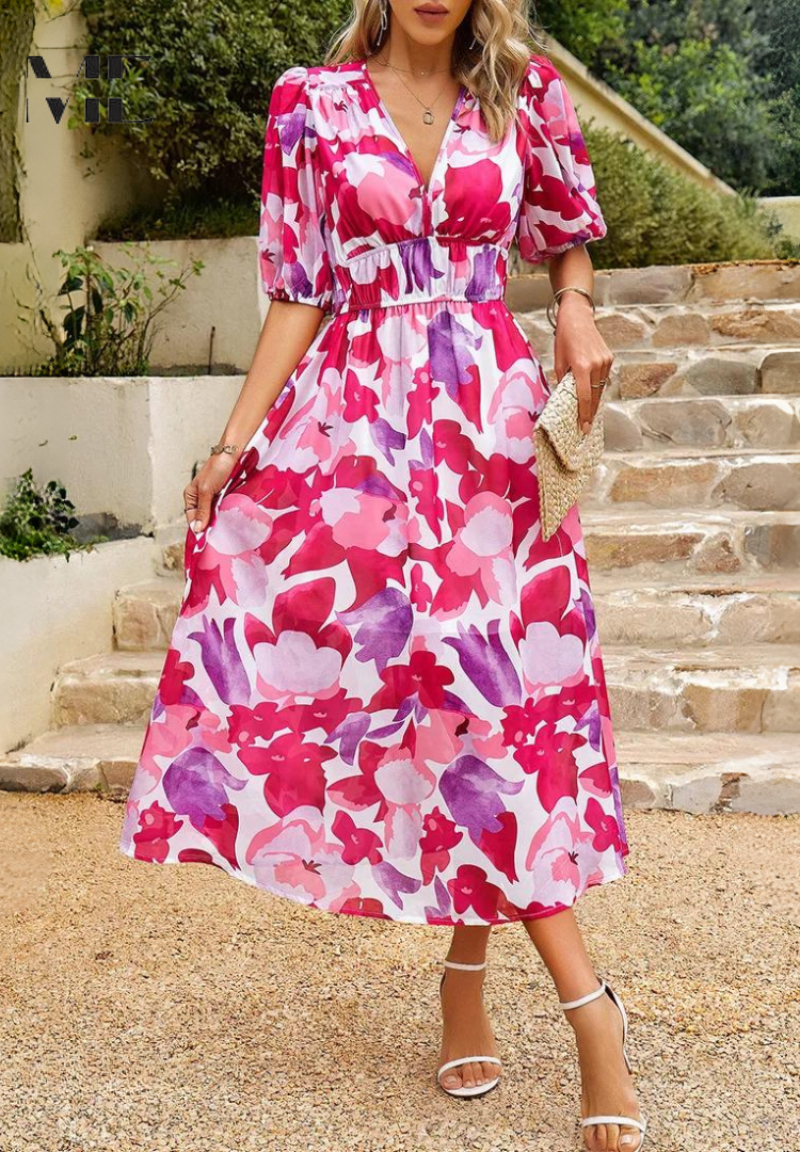 Ladies Floral V Neck Midi Dress with Puffy Sleeves